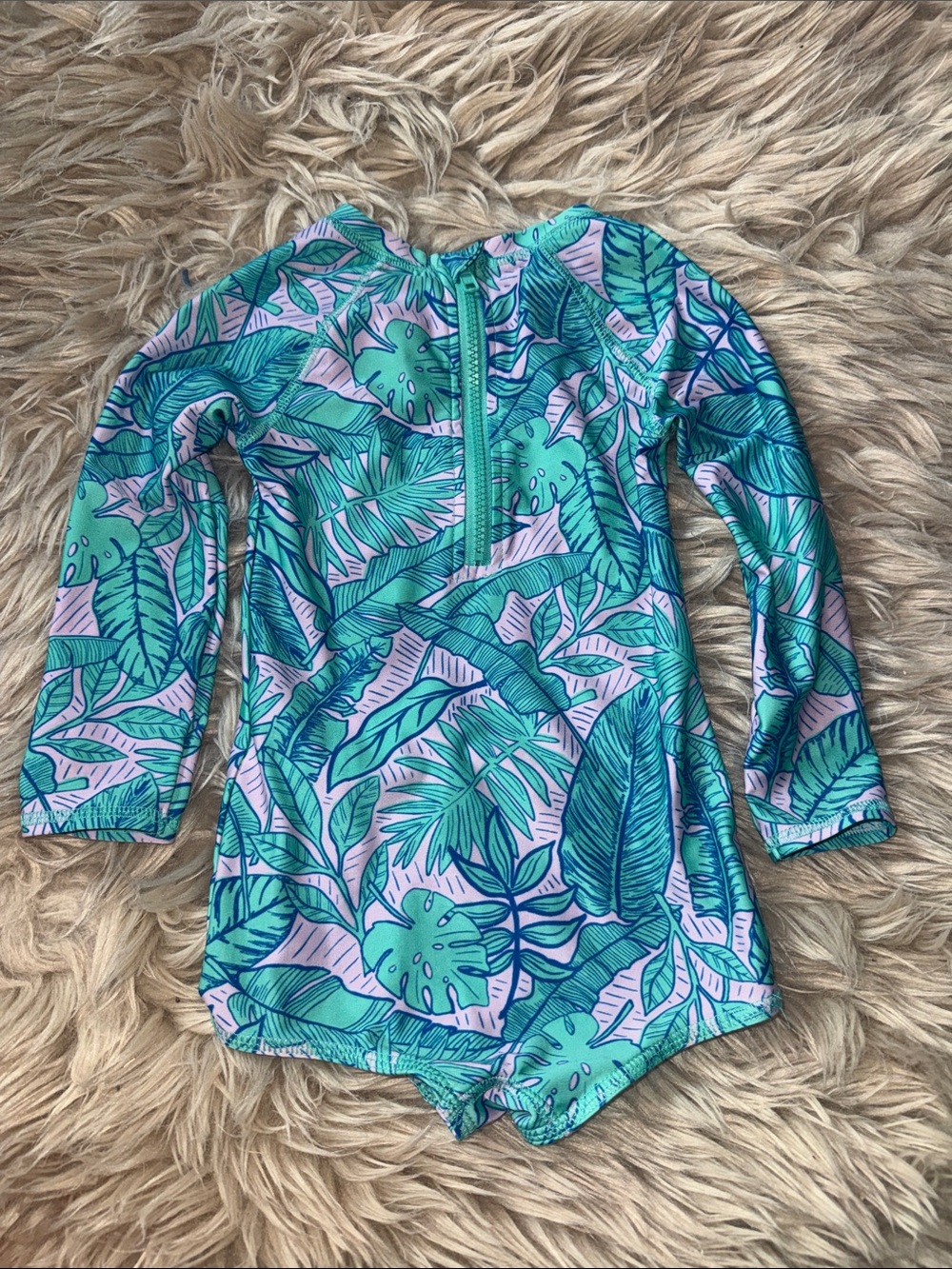 Cat & Jack Girls' Long-Sleeve Tropical Leaf Rashguard Swimsuit - Green & Purple